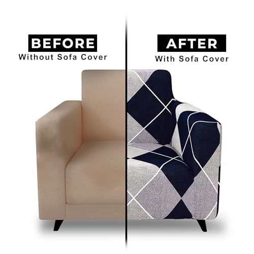Image of Story@Home Sofa Cover 1 Seater Fully Covered Stretchable Polyester Spandex Elastic Sofa Cover 1 Seater 90x140Cm | Navy Blue & Grey Geometric 1 Seater Sofa Cover for Living Room & Create Customized Set