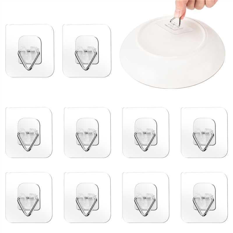 Bilillo 10 Pack Invisible Vertical Plate Hangers 2.3 Inch Adhesive Plastic Hooks for Hanging Decorative Plates Wall Art and Small Artwork