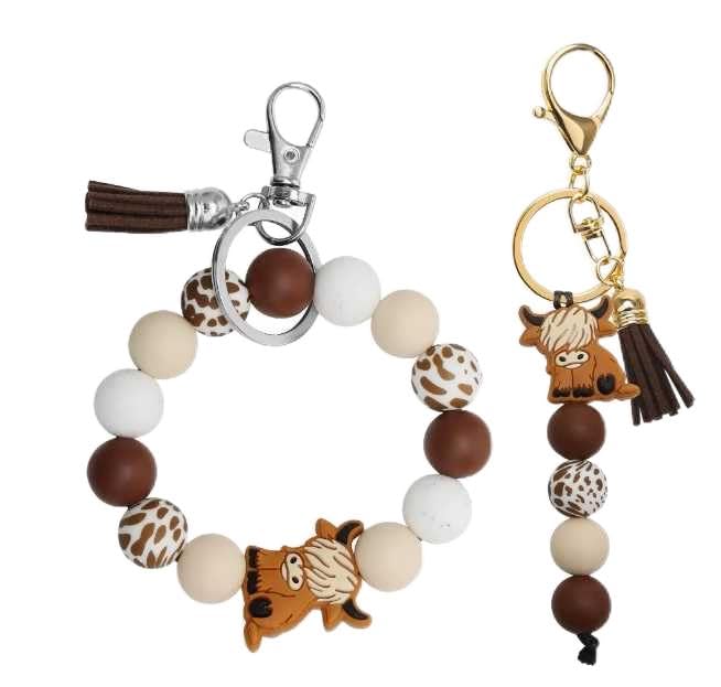 2 Pcs Highland Vache Bracelet Pendentif, 1 Pc Imprimé Léopard Mobile Téléphone Dragonne, Clé De Voiture Gland Charme, Cadeau pour Ami.