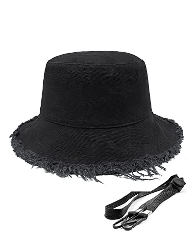 Image of Zylioo Plus Size Frayed Bucket Hat, Reversible 2 in 1 Fringe Tassel Sun Hat for Big Heads, Wide Brim UPF 50+ Fishing Hat