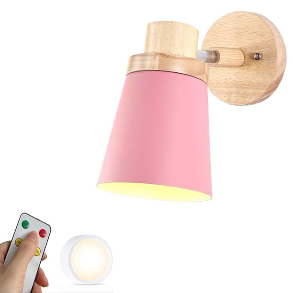 ZVALIEVYE Modern Battery Operated Wall Sconce with Wood Industrial Remote Control Wireless Wall Sconce Light USB Rechargeable Cordless Wall Mounted Lamp for Bedside Bedroom Headboard/Pink