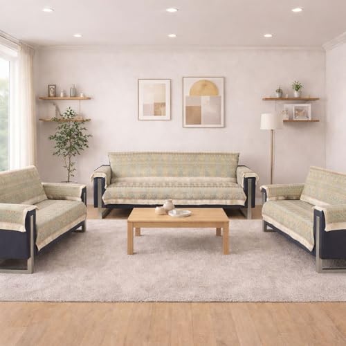 Image of Elegant Woven Green Sofa Cover Soft Chenille Traditional Pattern with Lace Style | L-Shape Sectional Seat Protector for Living Room | Durable & Stylish Slipcover 7 Seater with Arms