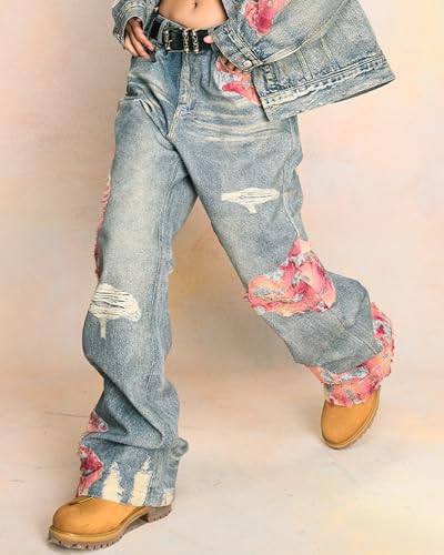 Men's Red Pattern Stitching Lace Washed Jeans Unisex Loose Straight Print Streetwear Casual Trousers2