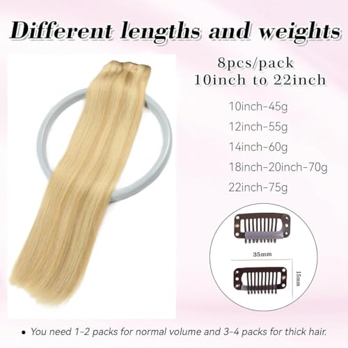 Clip in Hair Extensions Real Human Hair for Women Invisible Natural Straight Seamless Clip on Hair Extensions 8pcs Double Weft 55g (#18p613 Dark Blonde Highlighted Bleach Blonde, 12 Inch)