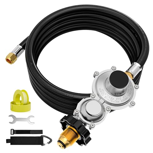 NUPICK 10FT Two Stage Propane Regulator with Hose, Propane Line with Regulator Standard POL to 3/8' Female Flare, 11' WC Pressure Output, for RV Appliances, Fire Pits, Gas Grills, Heaters, Generators