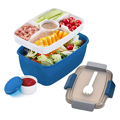Feriany - Caja de almuerzo para adultos, 2000 ml, caja de almuerzo con compartimentos para ensalada de 2 niveles para llevar, grande, antifugas, color azul