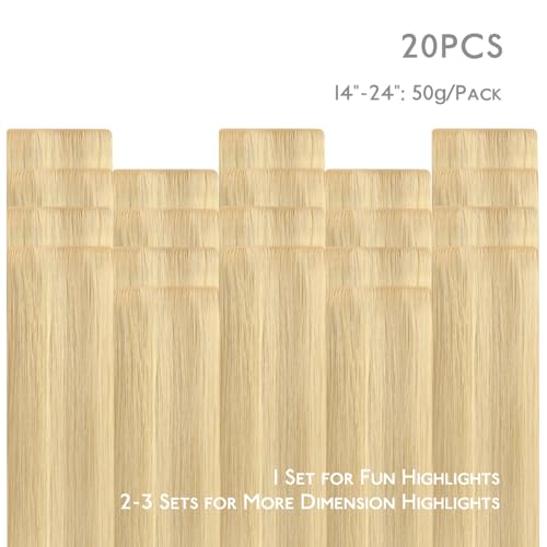 Image of WENNALIFE Invisi Edge Tape in Hair Extensions Human Hair | 20 Inch 50g 20pcs Light Blonde Highlighted Golden Blonde Invisi Remy Hair tensions Seamless Injected Tape Ins Straight