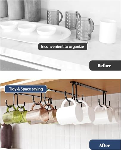 Image of Acrylic Design Art Mug Hooks Under Cabinet 3 Pack, Metal Cup Hooks for Hanging Under Shelf, Mug Organizer Rack with 12 Hooks for Displaying Mugs, Coffee Cups and Kitchen,Black