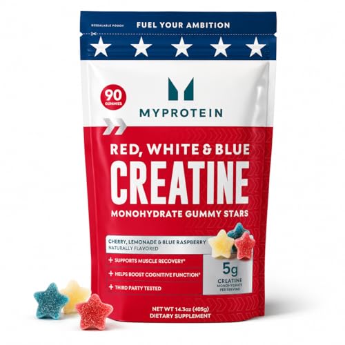 Image of Myprotein Creatine Gummies, Red, White and Blue, 90 Count | 5g Creatine Monohydrate per Serving, 18 Servings, Chewable Strength & Recovery, Vegan, Non-GMO