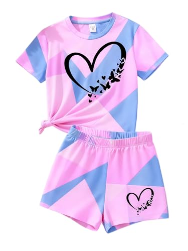GOLLUNER 7-14Y Tween Girl Clothes 2 Piece Short Sleeve Tie Dye Heart Print Top and Shorts Teen Girl Summer Outfits Short Set Size 13 14