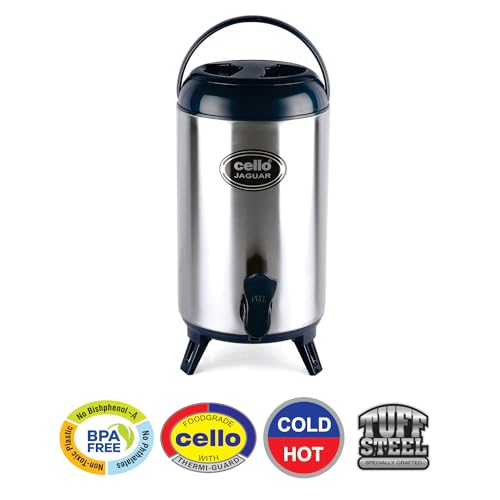 Image of CELLO Jaguar Vacuum Insulated Thermos Water Jug for Kitchen 10 Litre Blue | Easy to Fill & Clean Wide Mouth, Press and Pour Tap Double Wall Hot and Cold Stainless Steel Water Jug for Picnic and Office