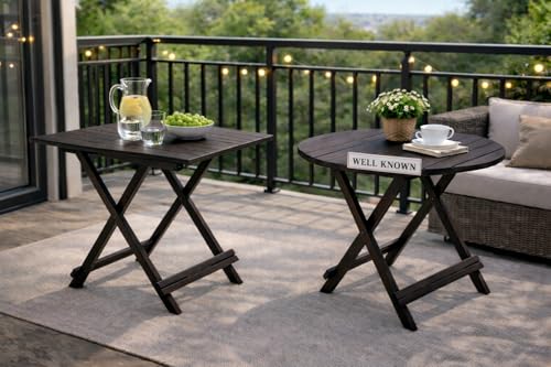 Image of WELL KNOWN Patio Foldable Coffee /Tea Center Table, Outdoor Wooden Round & Square Portable Folding Picnic Camping, Dining Table For Balcony Living Room, Garden Bistro Side Table, Walnut Finish-Set of 2