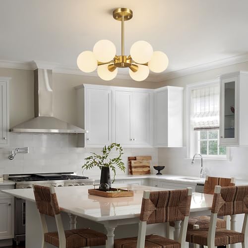 Image of Mid Century Modern Ceiling Light with Milk White Glass lampshade Gold Semi Flush Mount Ceiling Light Fixture Sputnik Chandelier for Bedroom Living Room Dining Room Foyer Hallway(6-Lights)