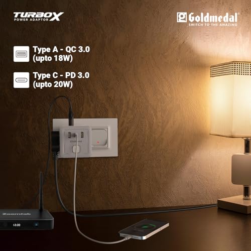Image of Goldmedal TurboX All-in-One Charging Power Adapter with Master Switch | 4 International Sockets, 2 USB-A & 1 USB-C Port | Fast Charging Travel Adapter | White