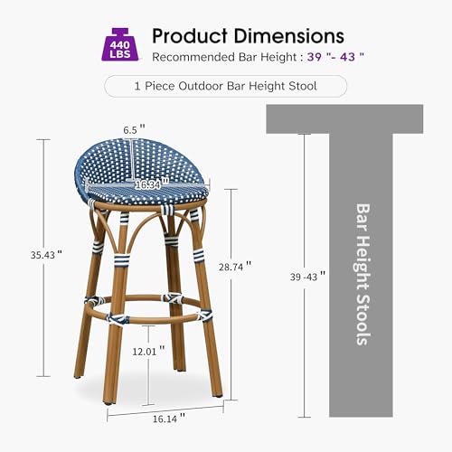 Image of PURPLE LEAF Patio Oversized Backrest Bar Height Stool Set of 1 Outdoor Round Barstools Aluminum Frame in Bamboo Finish Woven Rattan for Indoor Kitchen Dining Bistros Cafe Restaurant Navy Blue