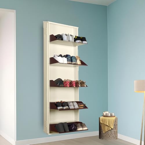 Image of Delite Kom 20 Inch Wide, 5 Shelf Metal Shoe Rack Wall Mounted for Home with Central Lock | Holds Upto 12 Shoes or 20 Slippers Pair | 1 Year Warranty | (67x20x5 Inch, Ivory Coffee) | DIY | Space Saving
