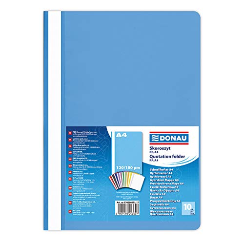 DONAU 1702001PL-17 Plastic File Folder A4 Light Blue Plastic Made of Eco Polypropylene Film 120/180 µm with Transparent Cover for Office and School Capacity Approx. 200 Sheets Pack of 10