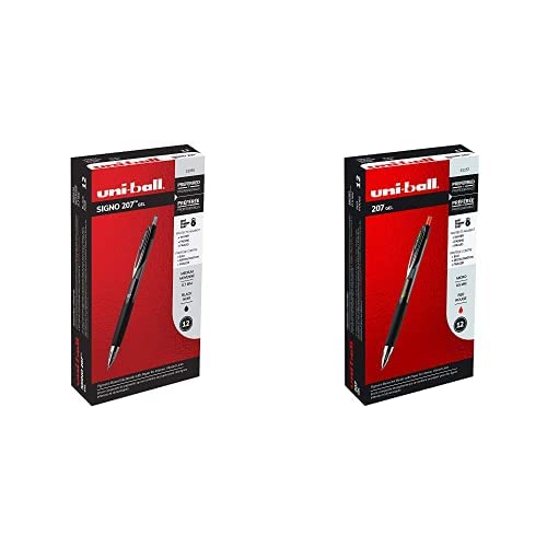 uni-ball 207 Retractable Gel Pens Medium Point, 0.7mm, Black, 12 Pack 207 Retractable Gel Pens Fine Point Micro Tip, 0.5mm, Red, 12 Pack