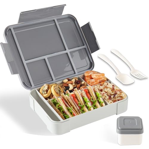 Swkien Brotdose mit Fächern - 1300ml Bento Box Kinder Lunchbox mit Besteck - Brotdosen mit Trennfächern Auslaufsicher Brotzeitbox(Grau)