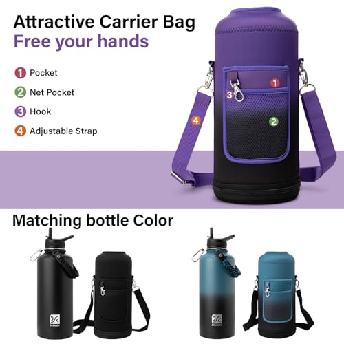 Insulated Water Bottle | Thickened Stainless Steel for Gym and Hiking with Straw, Carrier Bag, Handle Strap | BPA-Free 87 oz