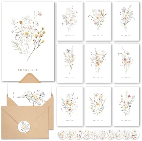 AUDREE Wildflower Thank You Cards with Envelopes (20 pack 4"x6") - Floral Thank You Cards with Adhesive Envelope & Matching Stickers - Perfect Gift for Birthday, Wedding, Bridal Showers, Baby Showers