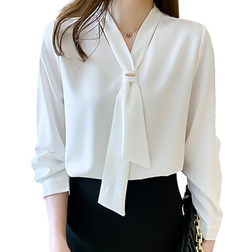 [Narebuy] ブラウス 長袖 レディース シャツ Vネック タイブラウス トップス パフスリーブ ボウノット シフォン リボン エレガント スリム ファッション ビジネス ファッション オフィス 通勤 かわいい 春夏秋冬