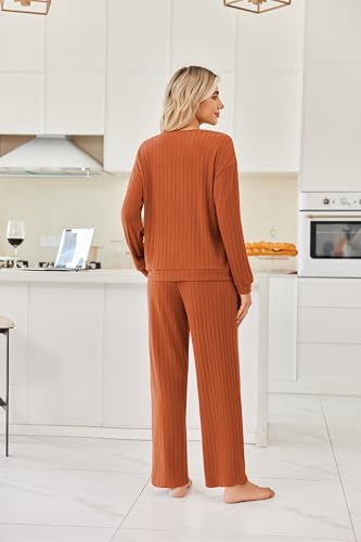 Ekouaer Lounge Sets Ribbed Knit Pajama Sets Soft Loungewear Caramel XXL - image 5