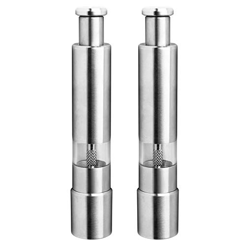 YYCFB 2 Pack Salt and Pepper Mill Set Thumb Push Salt Manual Salt and Pepper Grinders Stainless Steel Spice Mills for Sea Salt Rock Salt Spices Pepper Grinder