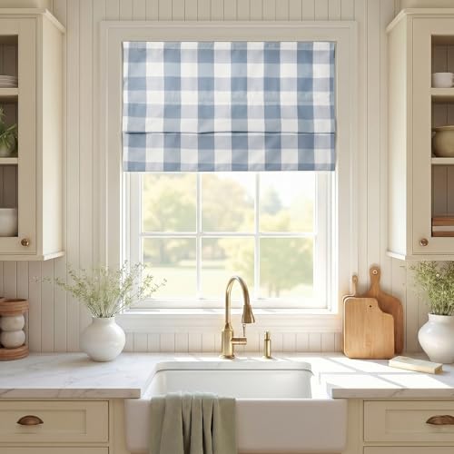Image of TWOPAGES No Drill Cordless Buffalo Light Blue Plaid Roman Shades Gingham Checkered Roman Blinds for Windows, Customized Room Darkening Blackout Blinds Farmhouse Shades, 1 Piece