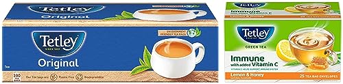 Image of Tetley | Original | Rich Taste of Assam Tea |100 Tea Bags | 1.7g Each & Tetley | Lemon & Honey Flavored Green Tea | Immune with Added Vitamin C | 25 Tea Bags