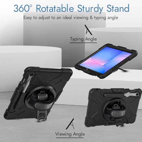 Image of Robustrion Cover for Samsung Galaxy Tab S10 Lite /Tab S9 FE / S10 FE 10.9 inch with S Pen Holder, Armor Cover with [Shoulder Strap] and [360 Degree Rotating Hand Strap] - Black