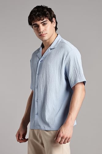 Image of FYLTR Men's Solid Textured Relaxed Fit Shirt - Half Sleeves | Cuban Collar | Comfortable Fit | Summer Shirts