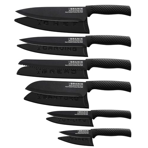 BRANIK Titanium Series 6-Piece Kitchen Knife Set – Non-Stick Stainless Steel Chef Knives with Ultra-Sharp Blades, Ergonomic Handles & Protective Sheaths – Professional Kitchen Knives – Black