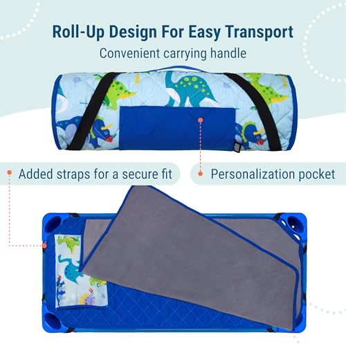 Image of Wildkin Modern Kids Nap Mat with Pillow for Boys - Soft & Cozy Cotton Blend, Elastic Straps, Toddler Sleep Mat for Daycare, Preschool, Kindergarten & Travel, Ages 3-7, Machine Washable - Dinosaur Land