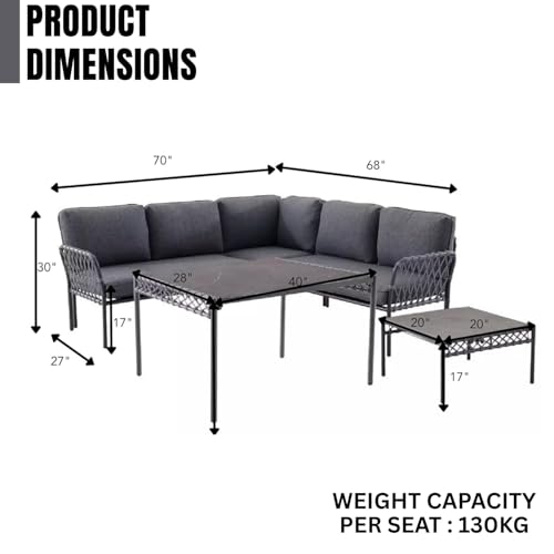 Image of DEVOKO Outdoor Rope 5 Seater L-Shape Sofa with Soft Washable Cushion & Glass Top Center Or Side Table for Garden, Pool, Patio, Backyard, Terrace (Grey)