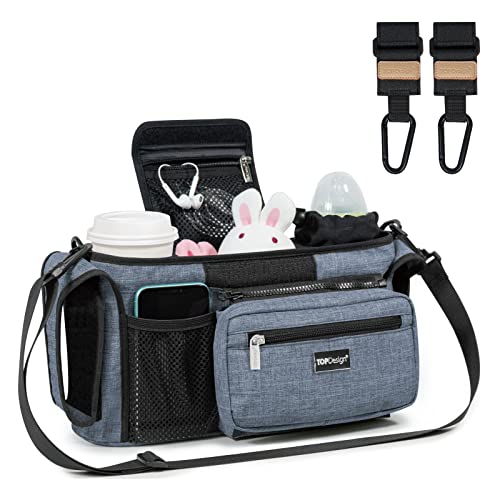 TOPDesign Universal Baby Stroller Organizer, Stroller Caddy with Heightened Insulated Cup Holders & Non-Slip Secure Hooks Accessories, Fits Most Strollers, Machine Washable (Blue)