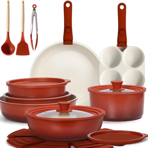 Image of GIPP 21PCS Pots and Pans Set Non Stick,Kitchen Cookware Set Detachable Handle,Red and Black Gradient Pot and Pan Set,Non Toxic Cooking Pan Set with Frying Pans Set,RV Cookware Sets for All Stoves