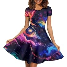 Forchrinse Purple Galaxy Starry Space Womens Dress Short Sleeve Summer Sundress Plus Size Tunic Dresses Elegant Midi Dress