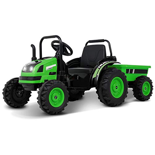 Uenjoy Electric Ride On Tractor with Trailer, Battery Powered Tractor Motorized Vehicles for Kids W/Remote Control, Music, Horn, Spring Suspension,Green