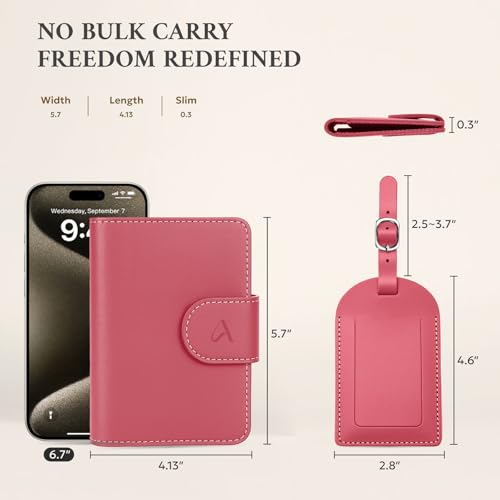 Image of ALLIVE Rfid Passport Holder for Travel Women, Rfid Passport Cover Wallet, Genuine Leather Passport Holder for Travel with AirTag Hidden, Gift Set with Luggage Tag in Premium Gift Box (Rose Pink)