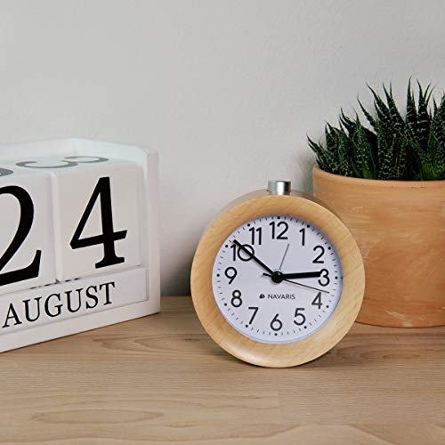 Navaris Wood Analog Alarm Clock - Round Battery-Operated Non-Ticking Clock With Snooze Button And Light - Light Brown #TOP4