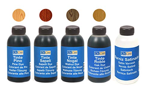 Dye / Varnish pack Ref: 90501 Pack of waterbasis dye and varnish. Content: * Pine dye * Sapelly dye * Walnut dye * Oak dye * Satin varnish, FLACONS DE 100ML