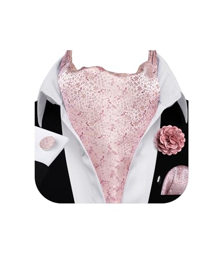 YOHOWA Pink Ascot for Men Cravat Tie Set Floral Scarf Neckties Pocket Square Cufflinks Formal Wedding Dress Prom Party