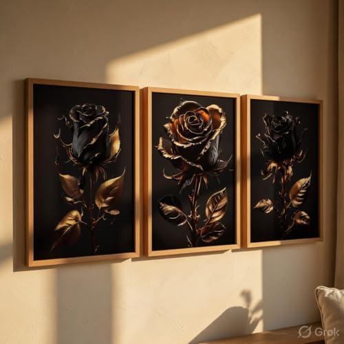 Image of Livin'luxe Black Gold Rose Wall Painting Set of 3 with Wooden Frames | Luxury Floral Artwork HD Sparkle Laminated MDF Wall Decor | Elegant Rose Wall Art for Living Room Bedroom Office