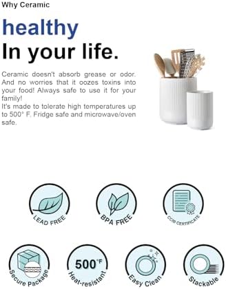 LE TAUCI Utensil Holder for Kitchen Counter, 7.3"+5.4" Fluted Ceramic Utensil Crock Organizer for Countertop, Heavy Large Holder for Spatulas, Spoons, Set of 2, White, Kitchen Counter Decor — view 6