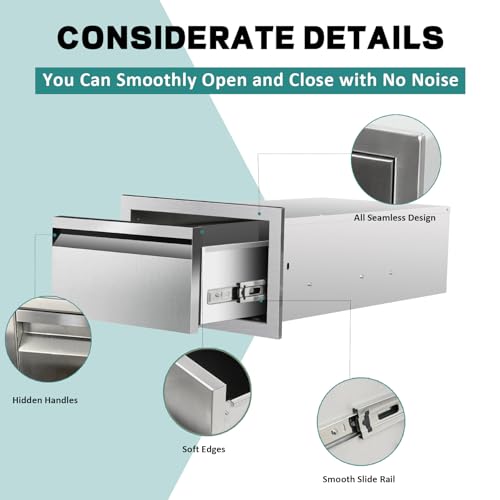 Image of Outdoor Kitchen Drawers 14 inch W x 8.5 inch H x 23 inchD Stainless Steel Drawer BBQ Single Drawers with Hidden Handle for Outdoor Kitchen Island, Patio Grill Station