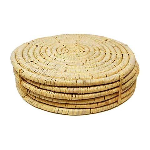 Set of 6 Natural Round Raffia Drinks Coasters, 10cm, Handmade Cover