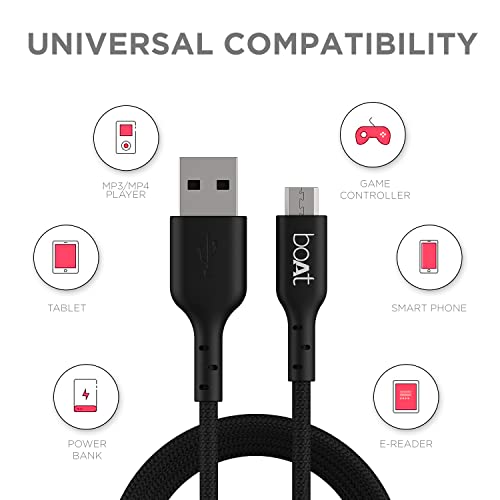 Image of boAt Micro USB 150 Tangle-free, Sturdy Micro USB Cable with 3A Fast Charging & 480mbps Data Transmission, 10000+ Bends Lifespan & Extended 1.5m Length Black)
