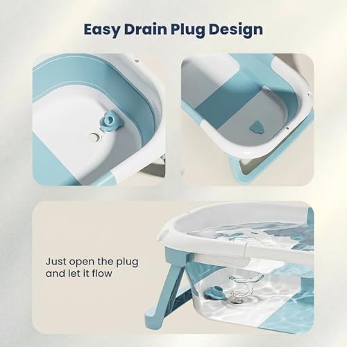 Image of TINSY Foldable Baby Bath Tub with Built-in Water Thermometer & Soft Head Support Pillow | Portable Newborn Bathtub | Anti-Slip Legs | Space-Saving Infant Bath Tub for Babies & Toddlers | Misty Blue
