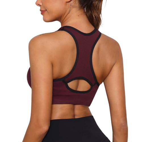 Sykooria Sujetadores Deportivos Mujer Sujetador Deportivo con Espalda de Nadador Top Deportivos Mujer Acolchados Top Corto de Gimnasio de Impacto Medio para Fitness(Rojo Vino,M)